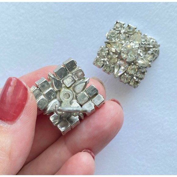 Vintage Clear Rhinestones Prong-set Clip On Back Earrings 1.2” - Picture 4 of 9